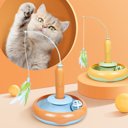 2-in-1 Feather Cat Toy & Self-Play Turntable